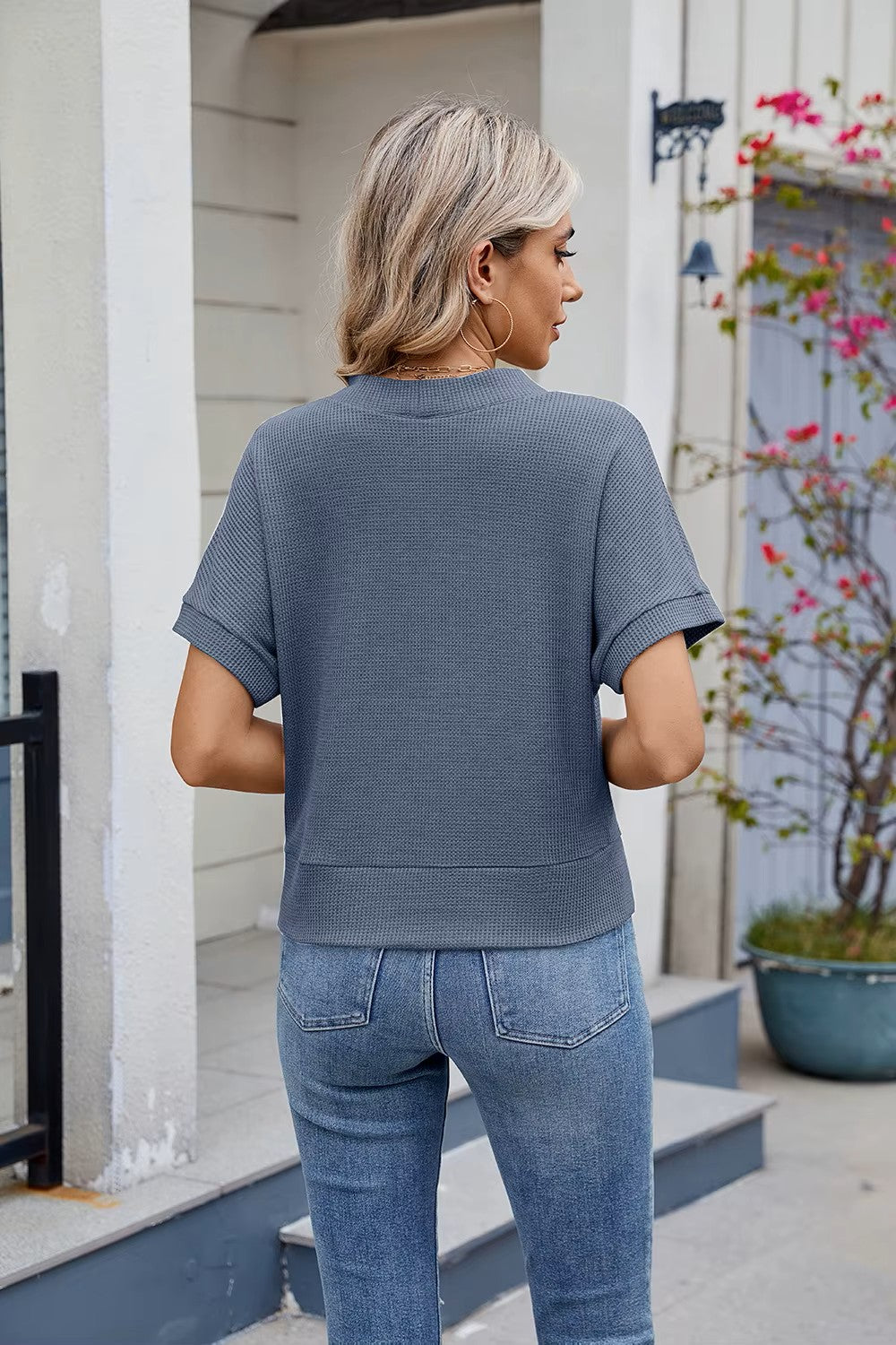 Waffle Casual Cardigan New Short-Sleeved Knitted Solid Woman Shirt