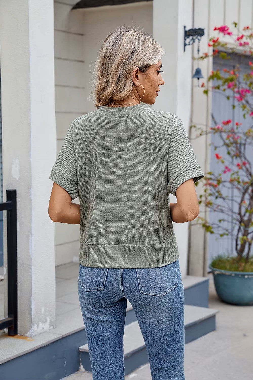 Waffle Casual Cardigan New Short-Sleeved Knitted Solid Woman Shirt