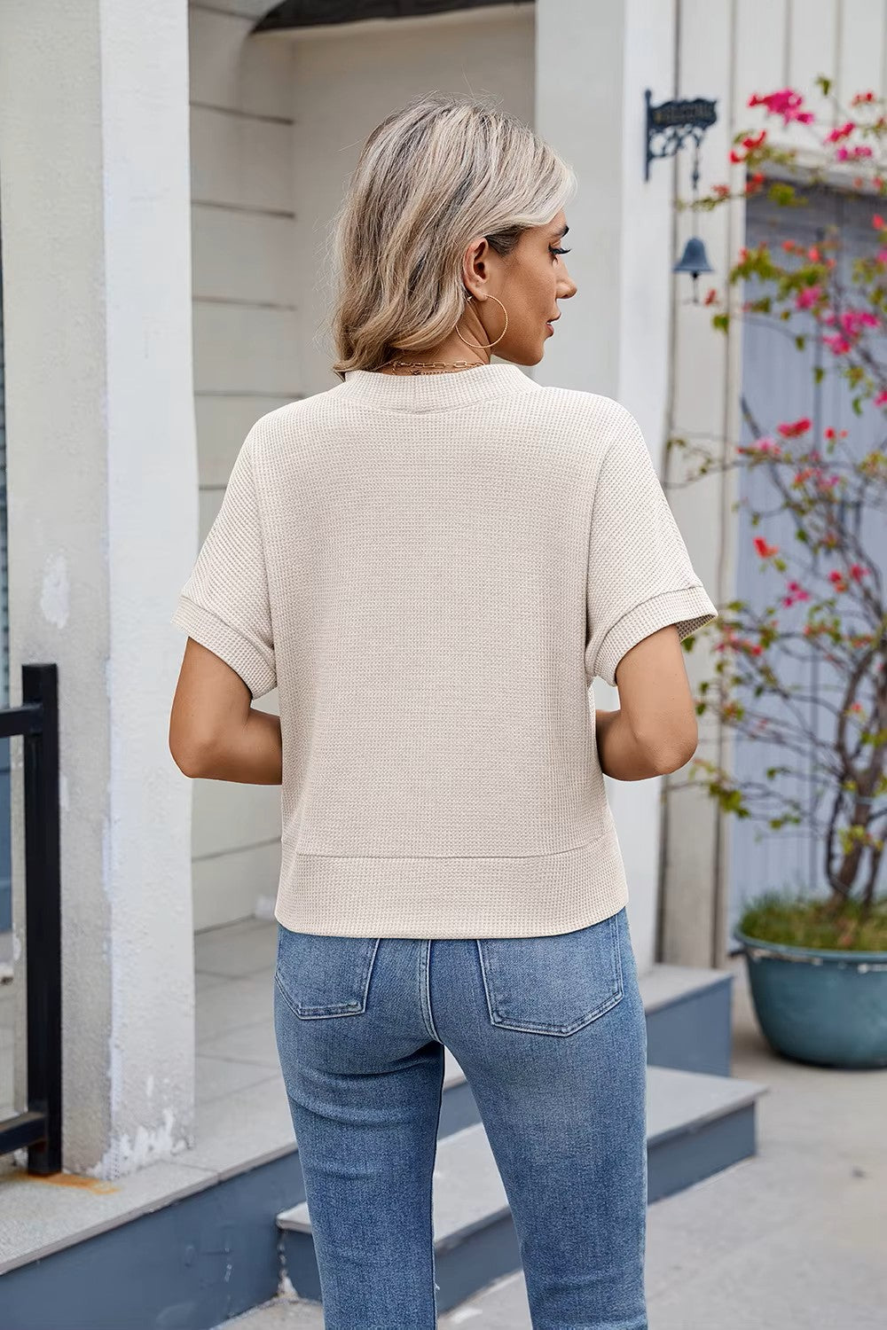 Waffle Casual Cardigan New Short-Sleeved Knitted Solid Woman Shirt
