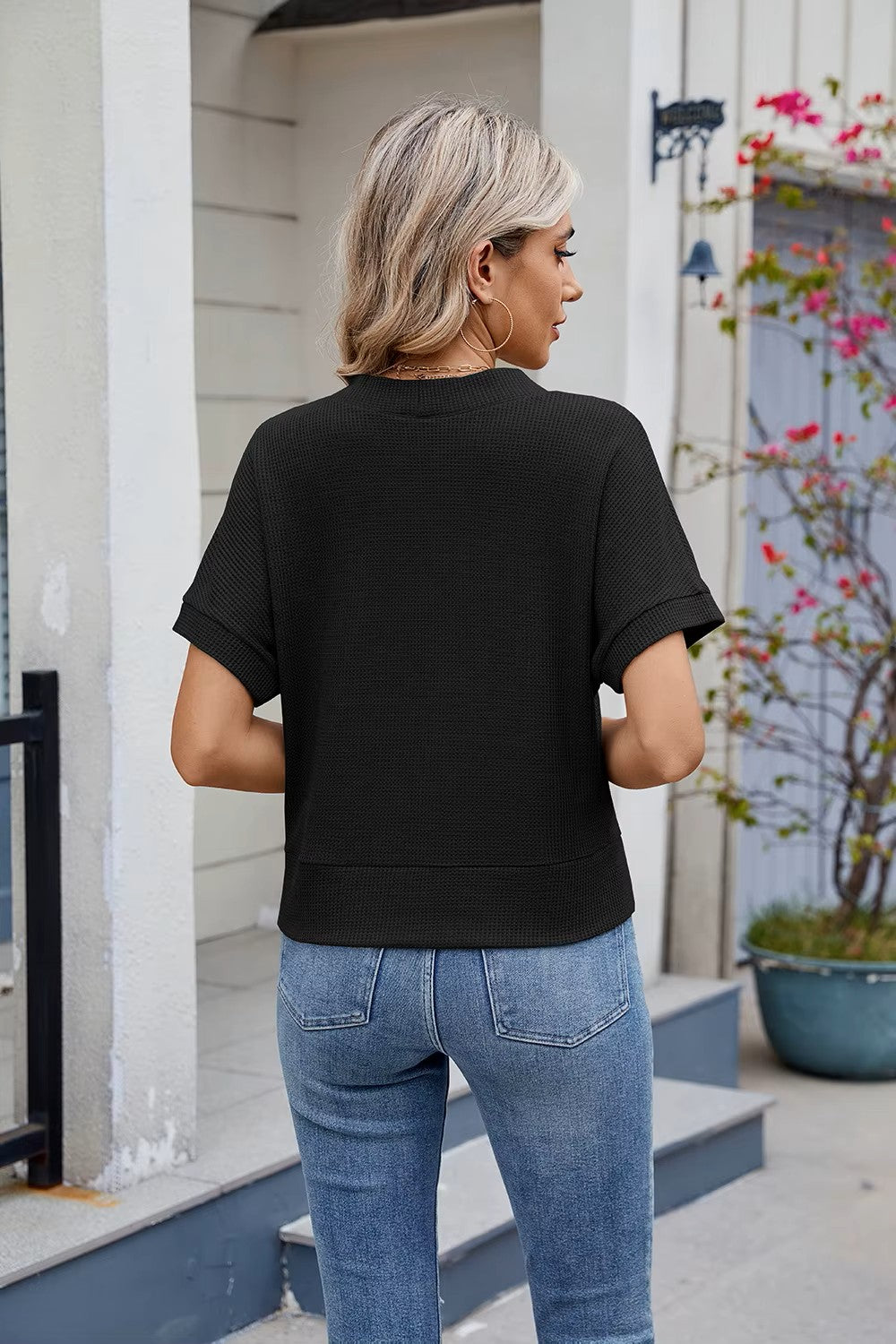 Waffle Casual Cardigan New Short-Sleeved Knitted Solid Woman Shirt