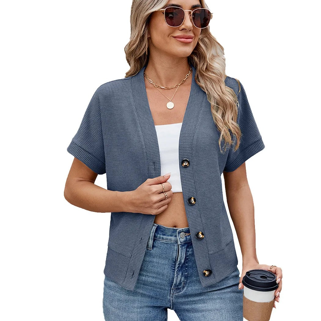 Waffle Casual Cardigan New Short-Sleeved Knitted Solid Woman Shirt