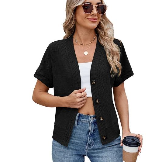 Waffle Casual Cardigan New Short-Sleeved Knitted Solid Woman Shirt