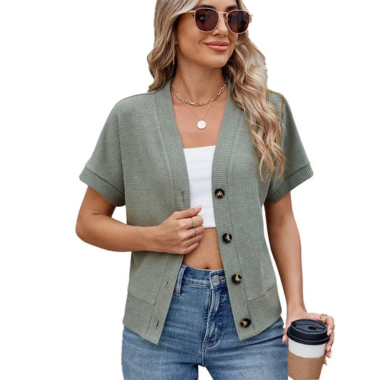 Waffle Casual Cardigan New Short-Sleeved Knitted Solid Woman Shirt
